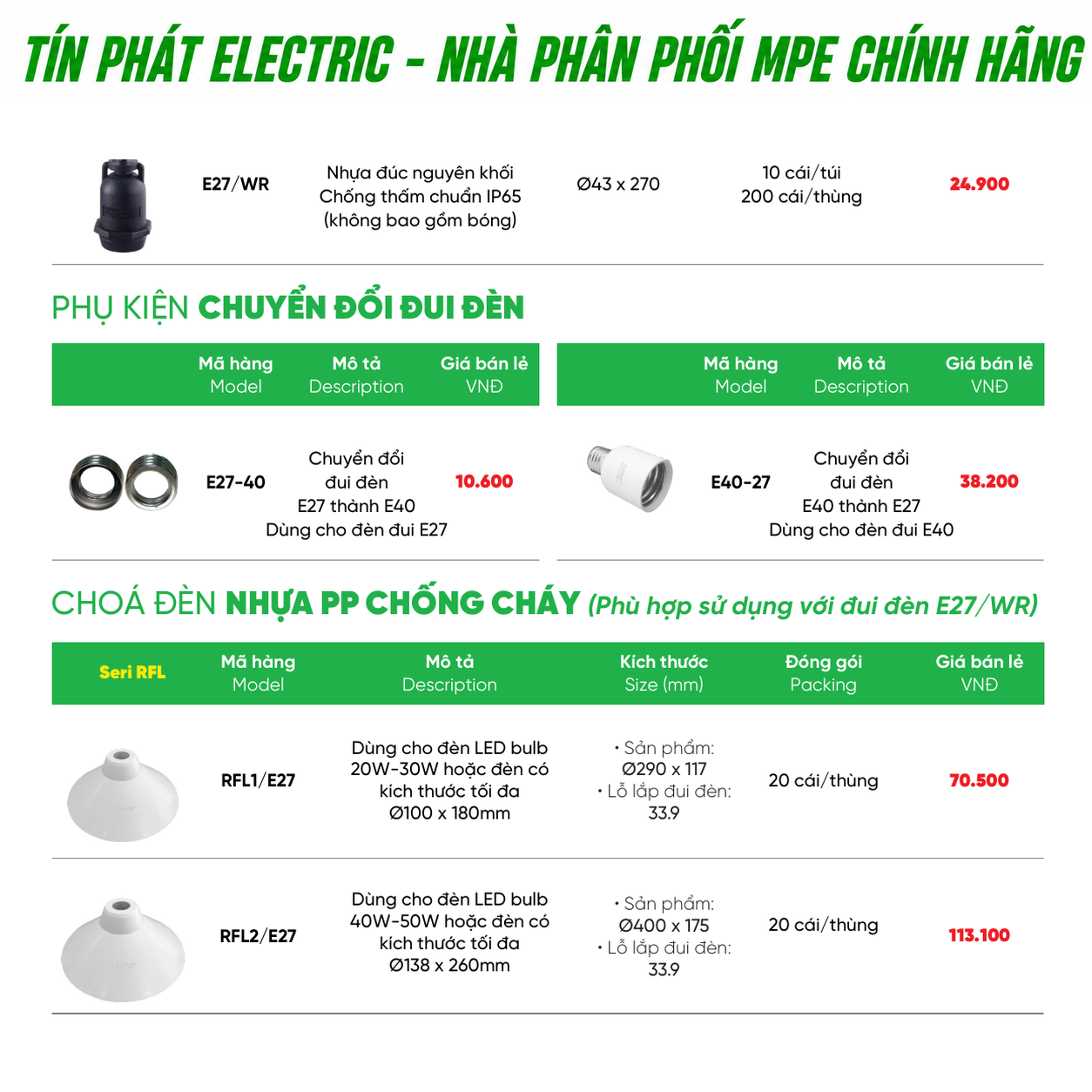 Bảng Giá LED Filament / Phụ Kiện MPE Series DDCT