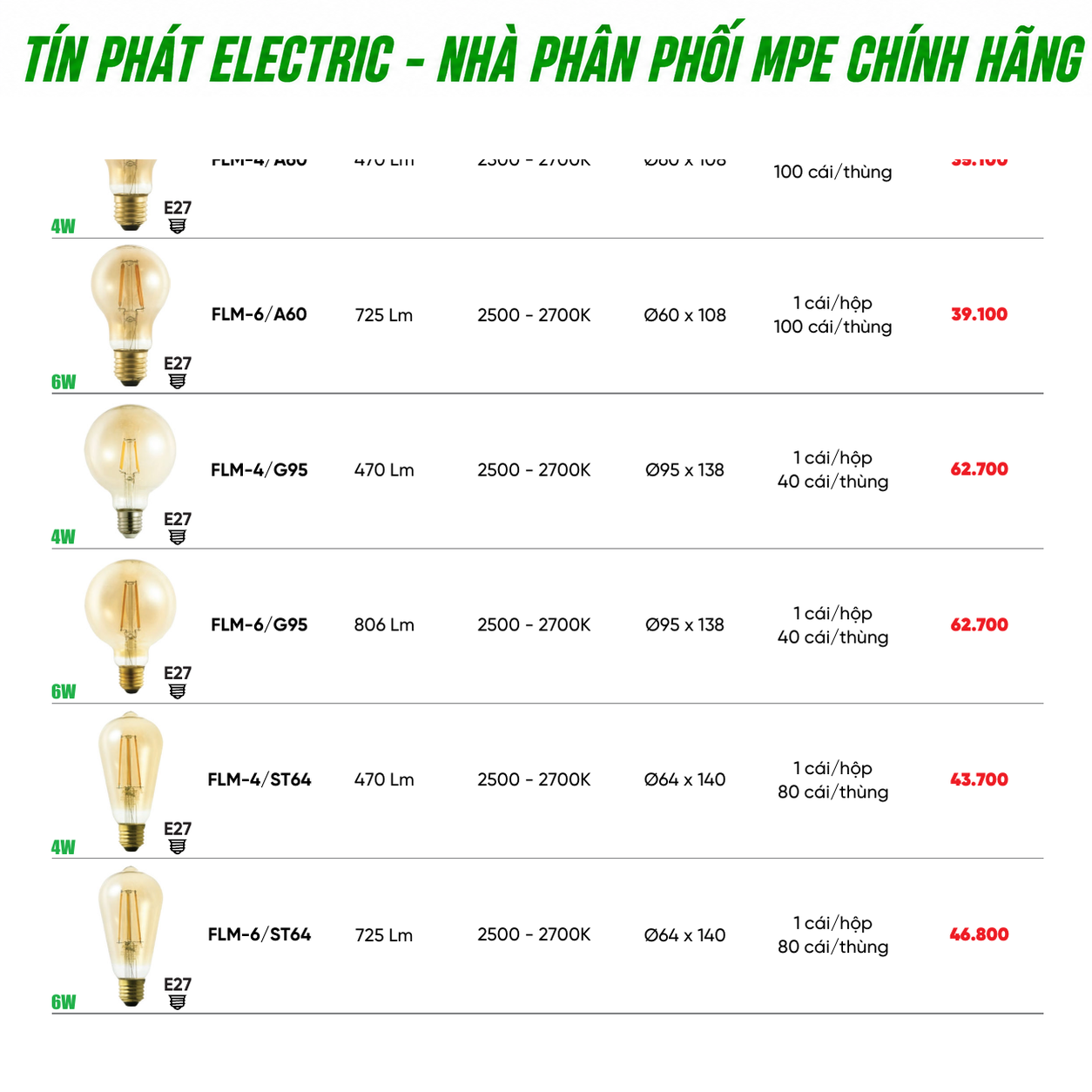 Bảng Giá LED Filament / Phụ Kiện MPE Series FLM-MPE Special Edition 5W