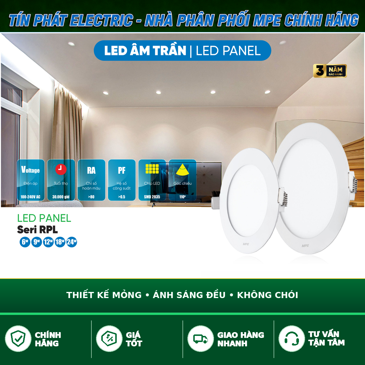 Bảng Giá LED Panel Âm Trần MPE Series RPL 6W – 24W