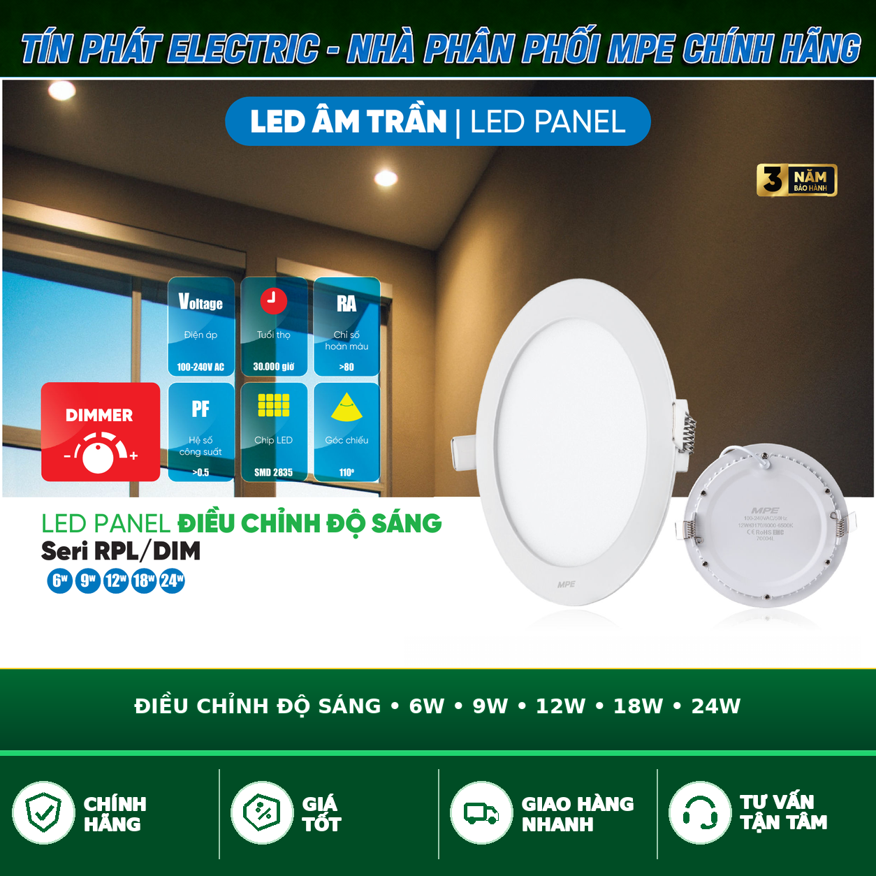 Bảng Giá LED Panel Âm Trần MPE Series RPL/DIM 6W – 24W