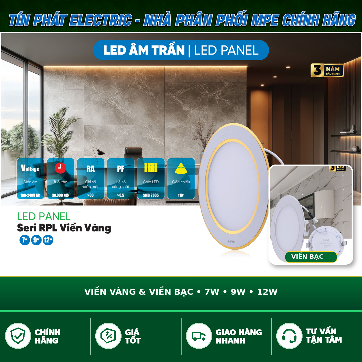 Bảng Giá LED Panel Âm Trần MPE Series RPL Viền Màu 7W – 12W