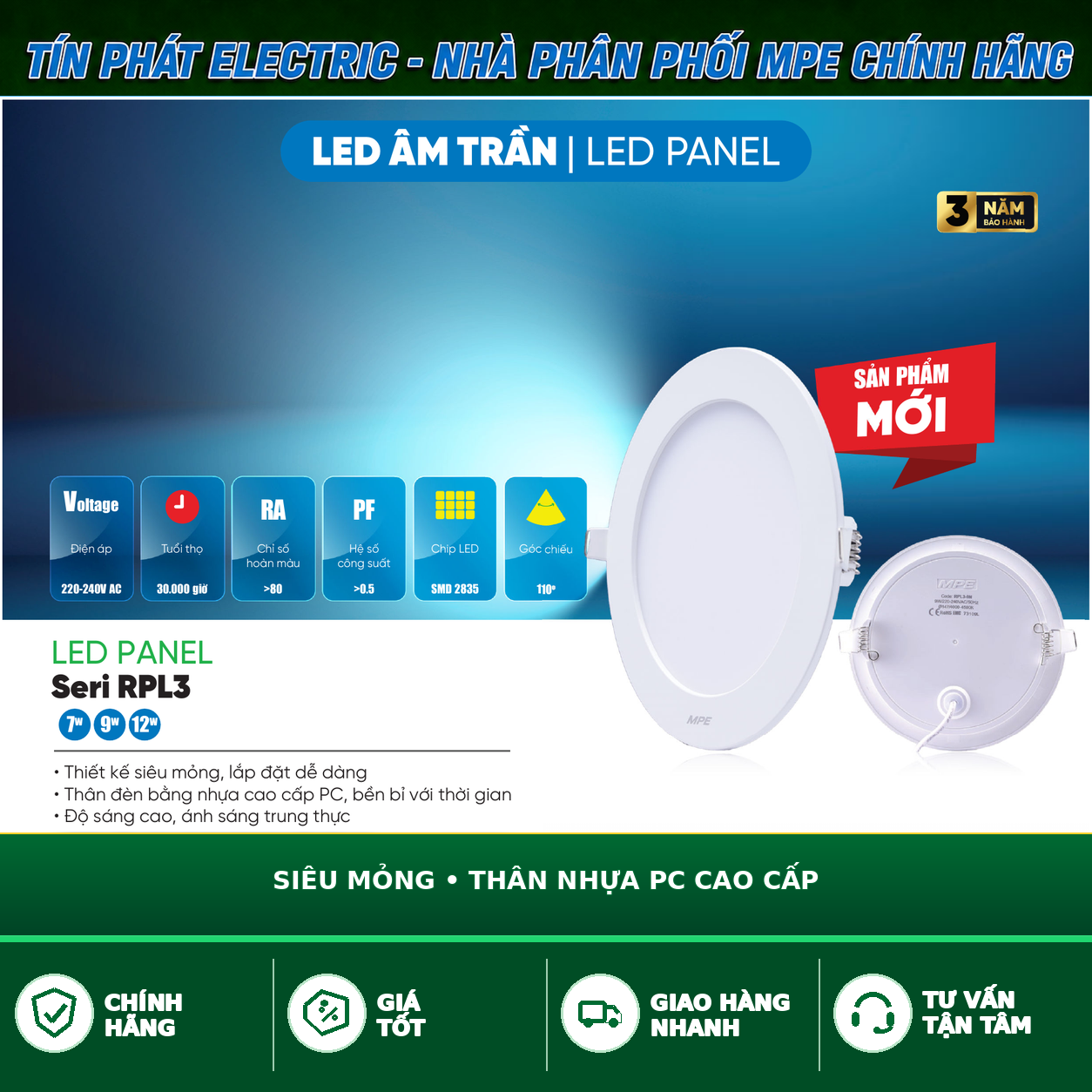 Bảng Giá LED Panel Âm Trần MPE Series RPL3 7W – 12W