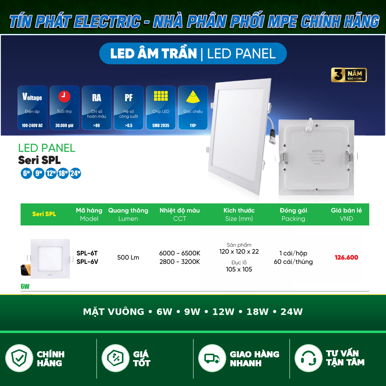 Bảng Giá LED Panel Âm Trần MPE Series SPL 6W – 24W