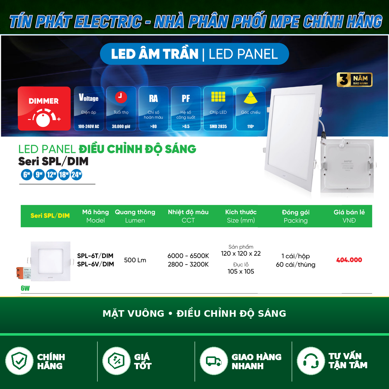 Bảng Giá LED Panel Âm Trần MPE Series SPL/DIM 6W – 24W