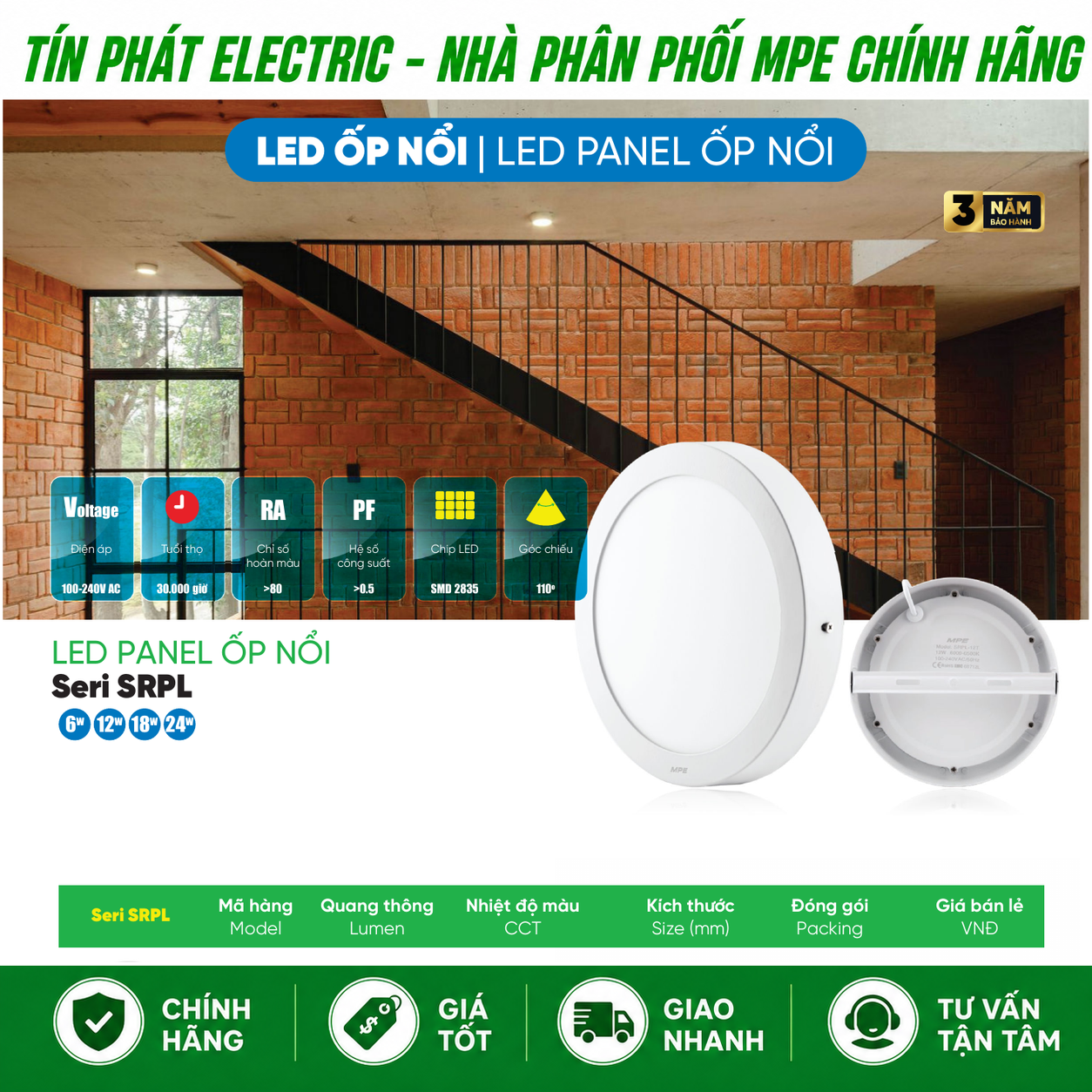 Bảng Giá LED Panel Ốp Nổi MPE Series SRPL 6W – 24W