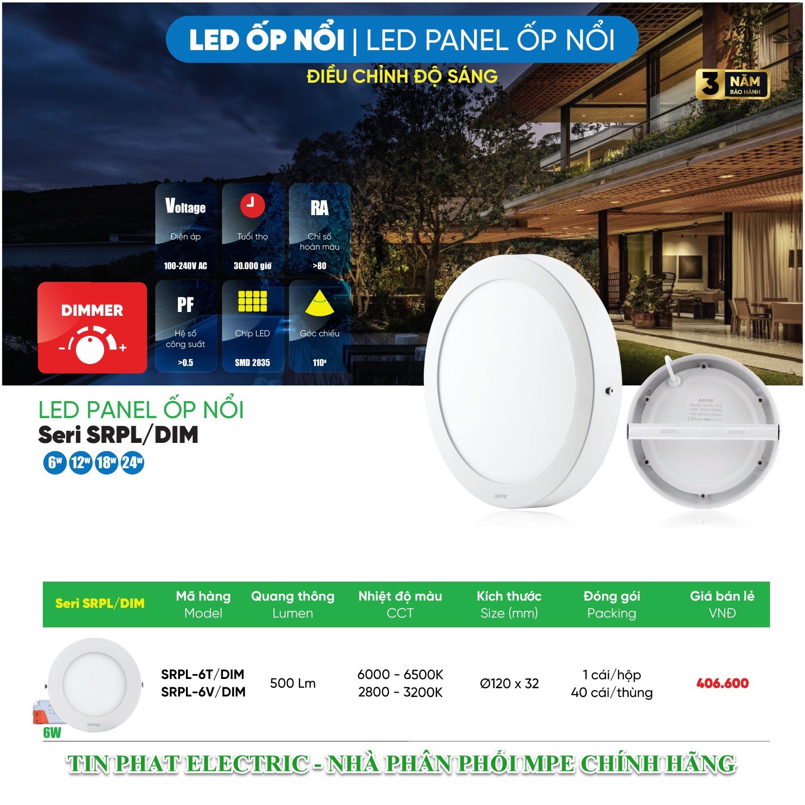 Bảng Giá LED Panel Ốp Nổi MPE Series SRPL/DIM 6W – 24W