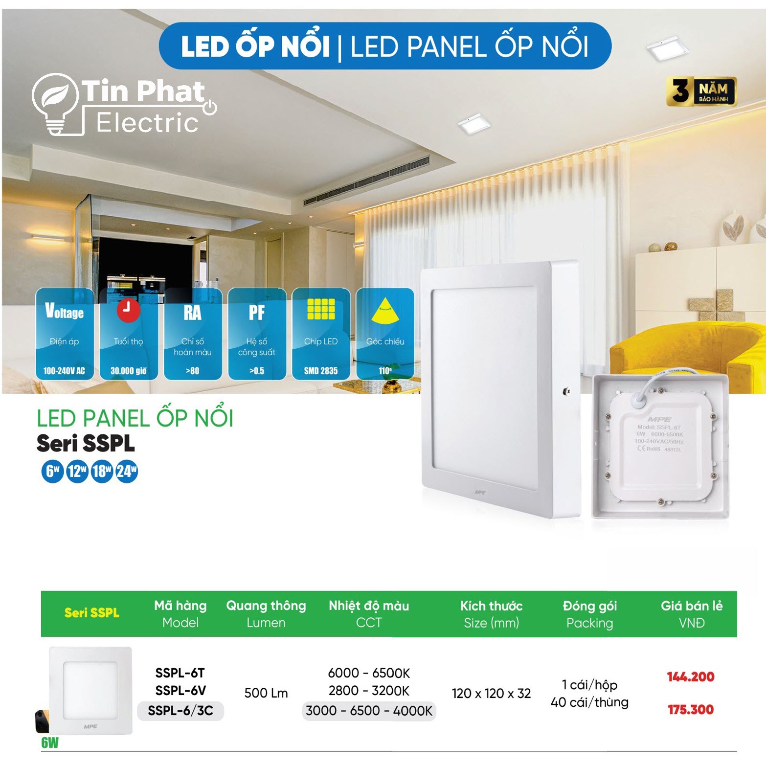 Bảng Giá LED Panel Ốp Nổi MPE Series SSPL 6W – 24W