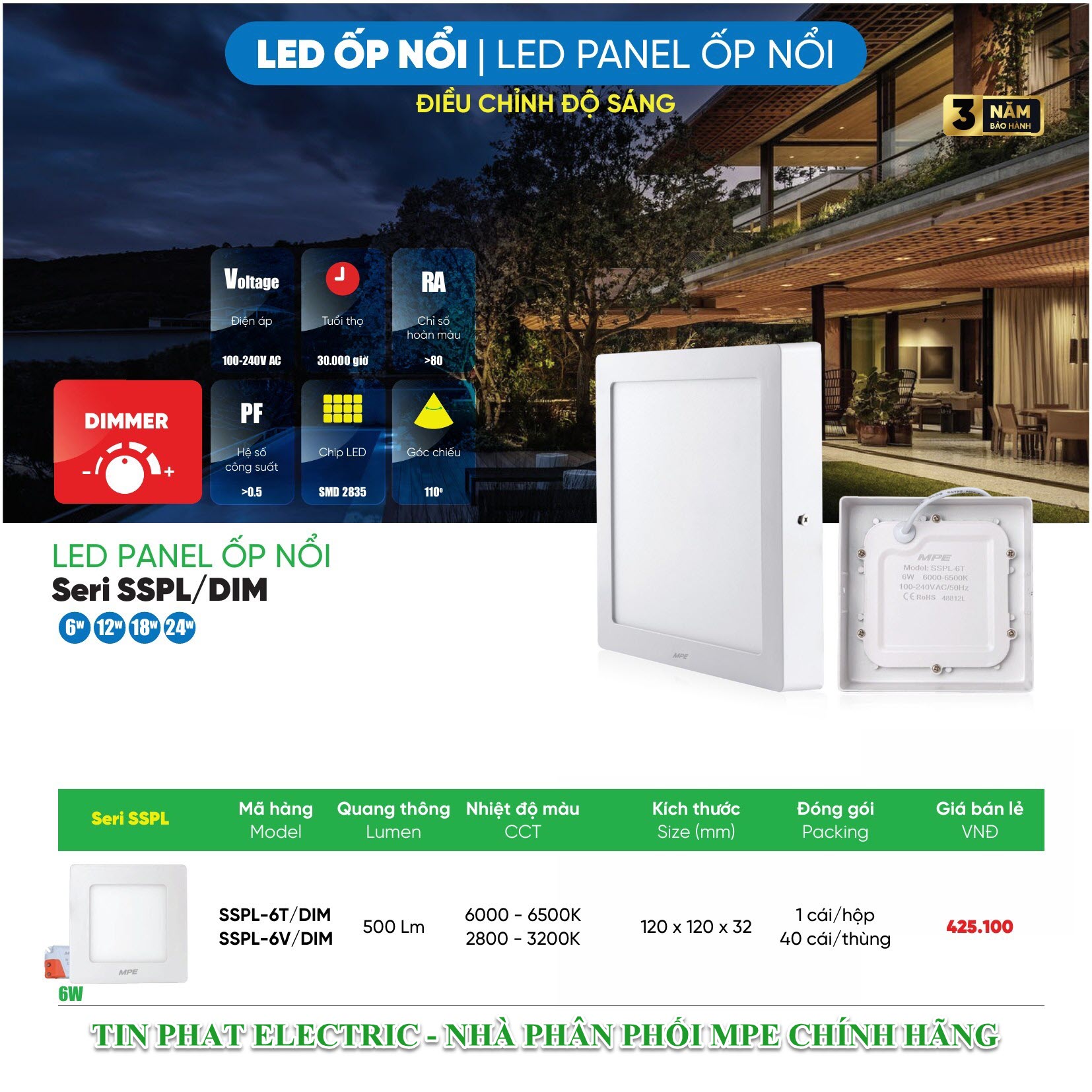 Bảng Giá LED Panel Ốp Nổi MPE Series SSPL/DIM 6W – 24W