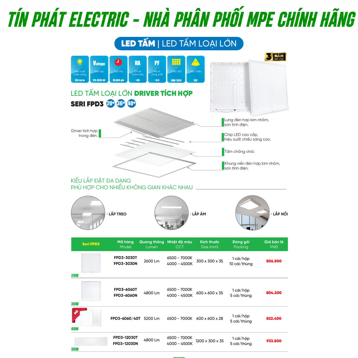 Bảng Giá LED Tấm MPE Series LCR 40W