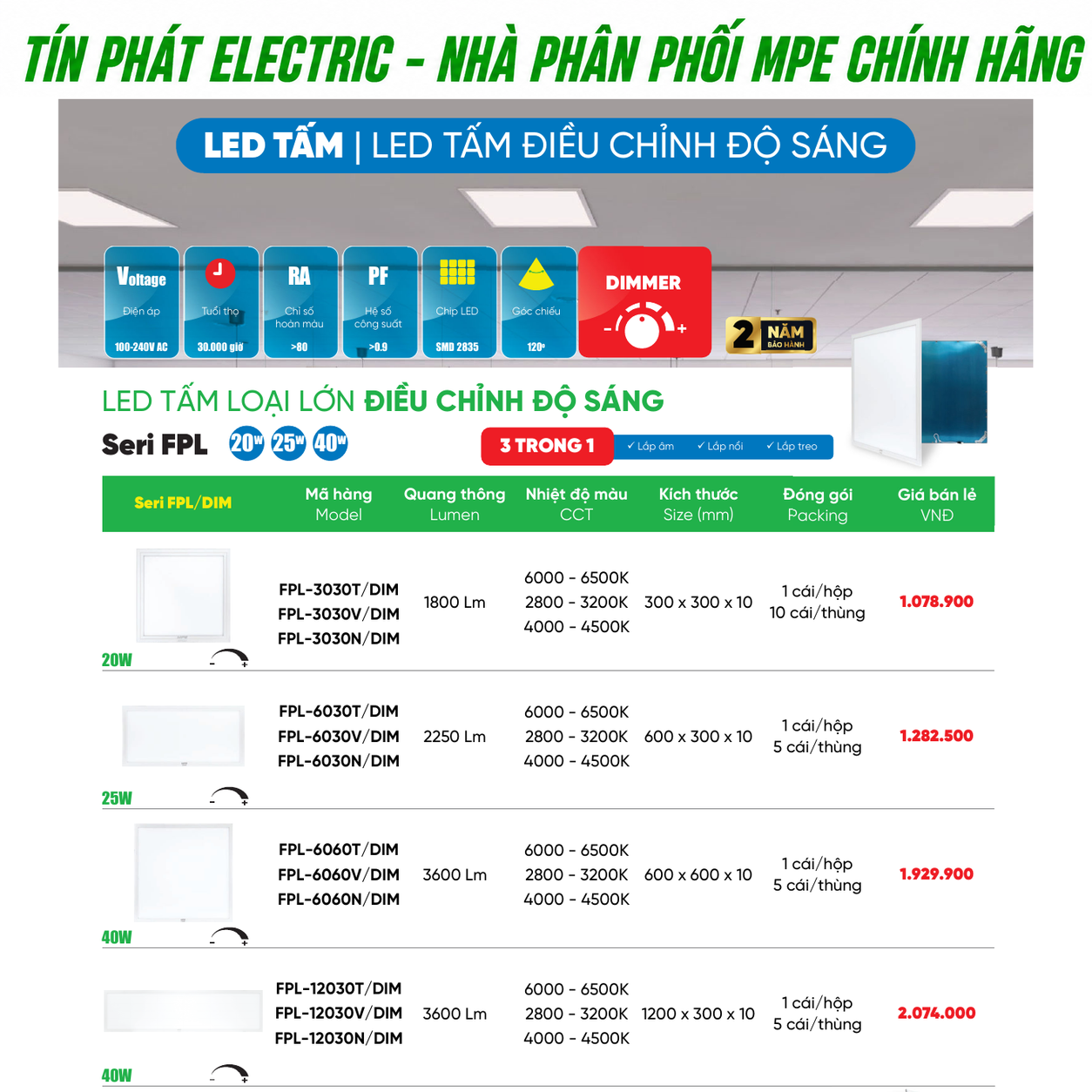 Bảng Giá LED Tấm MPE Series LCR 40W