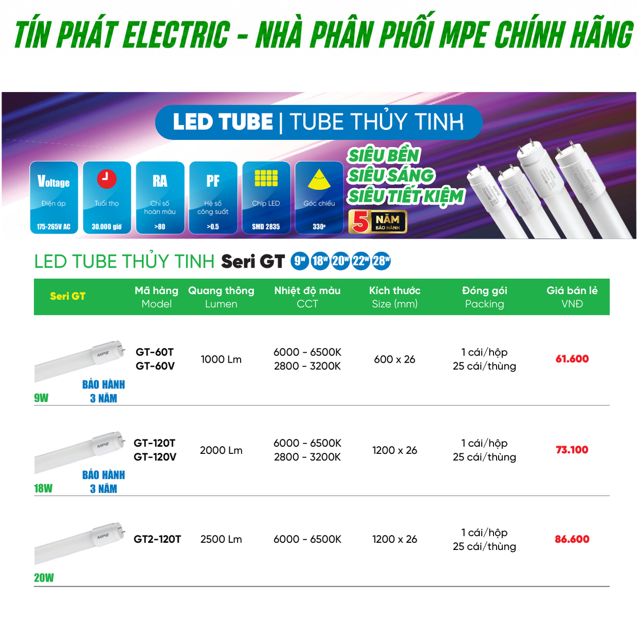 Bảng Giá LED Tube MPE Series GT2 18W – 20W