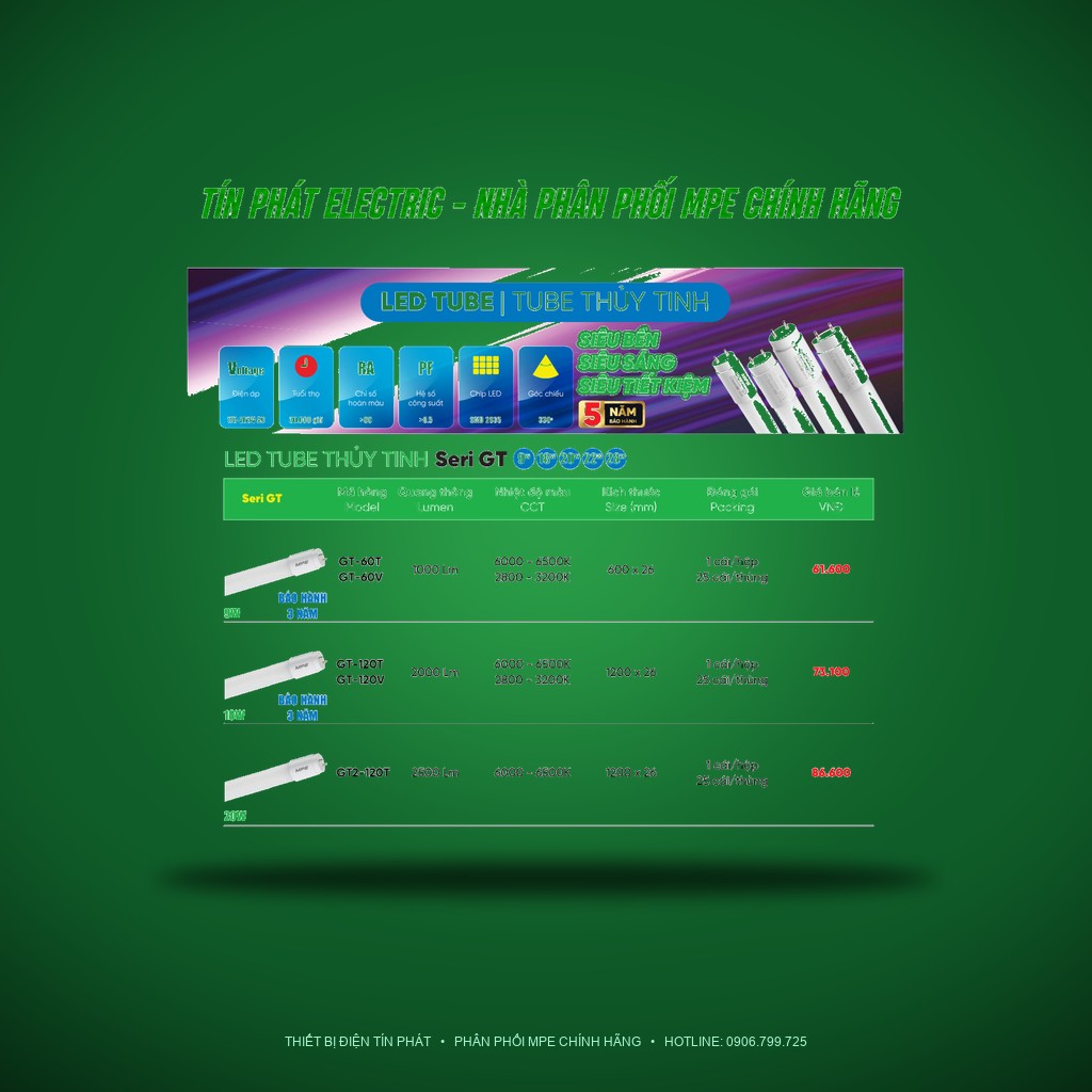 Bảng Giá LED Tube MPE Series GT3 20W – 28W