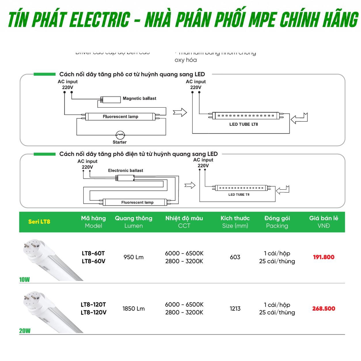 Bảng Giá LED Tube MPE Series LT8 10W – 20W