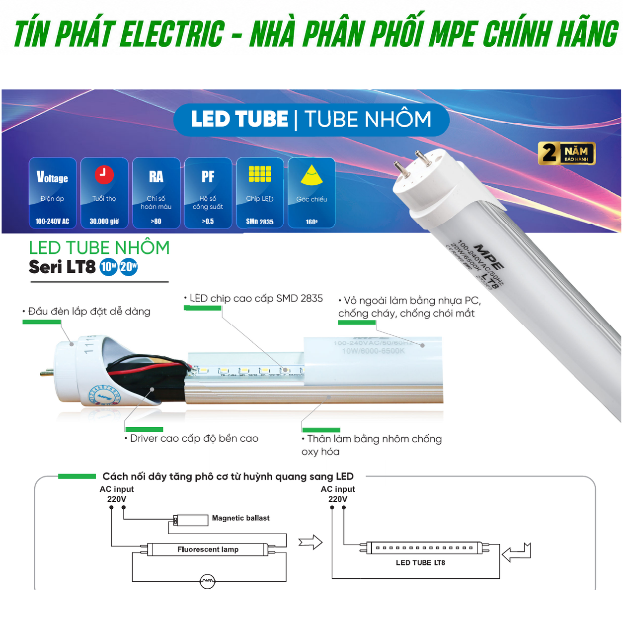 Bảng Giá LED Tube MPE Series LT8 10W – 20W