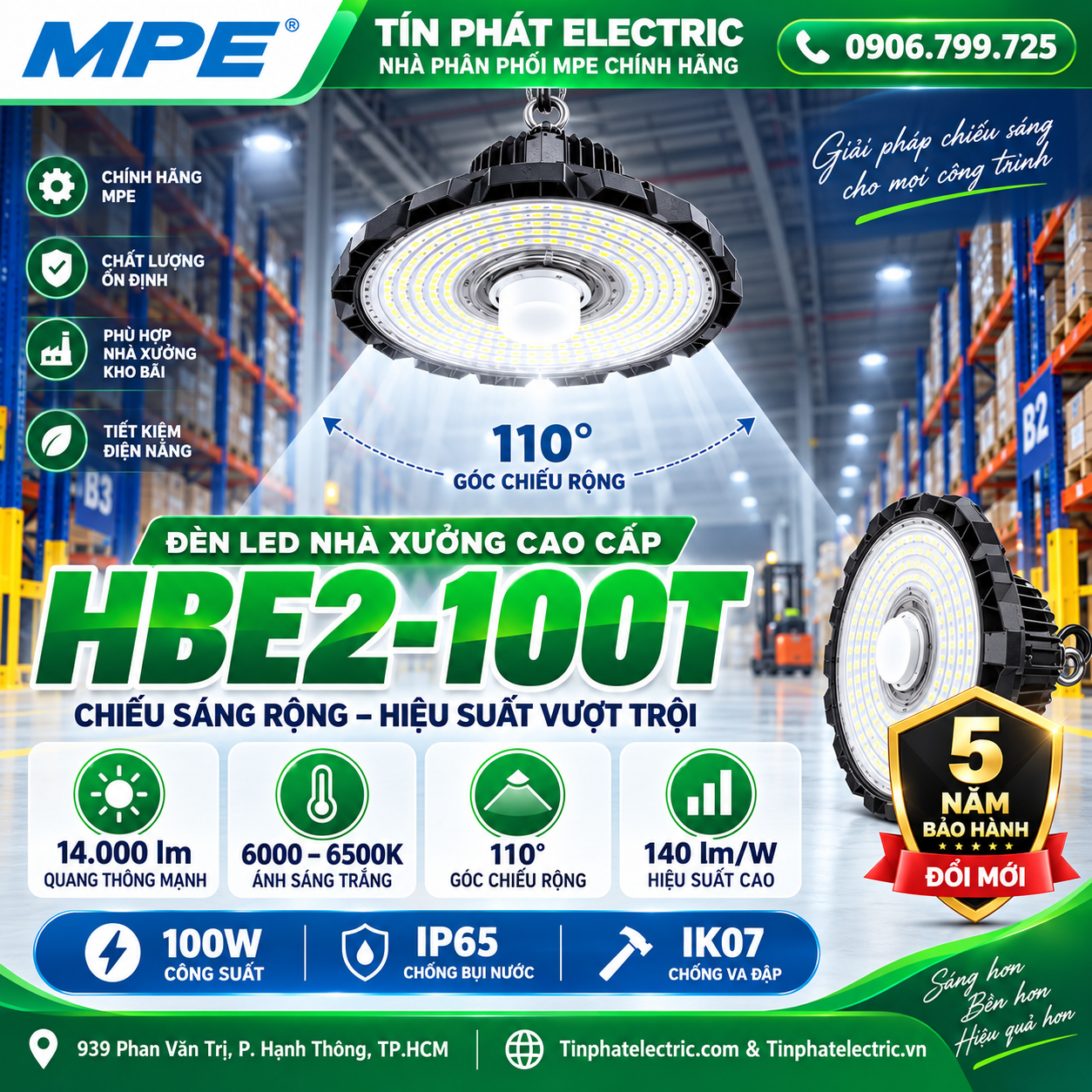 HBE2-100T - Đèn LED nhà xưởng MPE 100W IP65