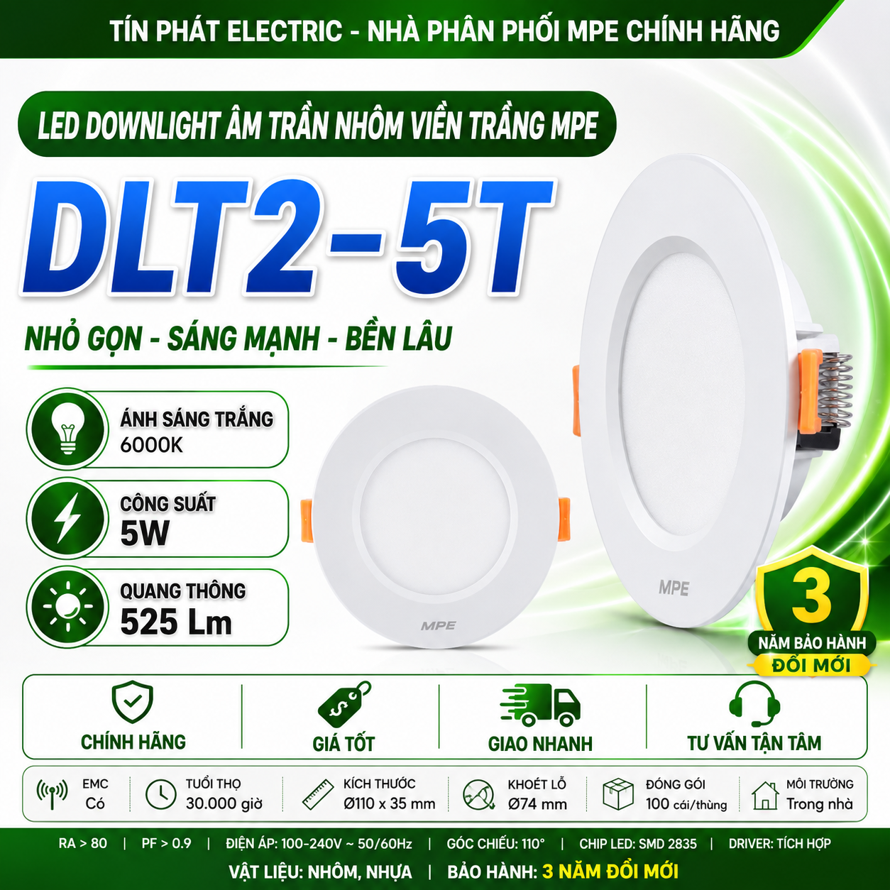 DLT2-5T ( ĐÈN LED DOWNLIGHT 5W: VIỀN TRẮNG )
