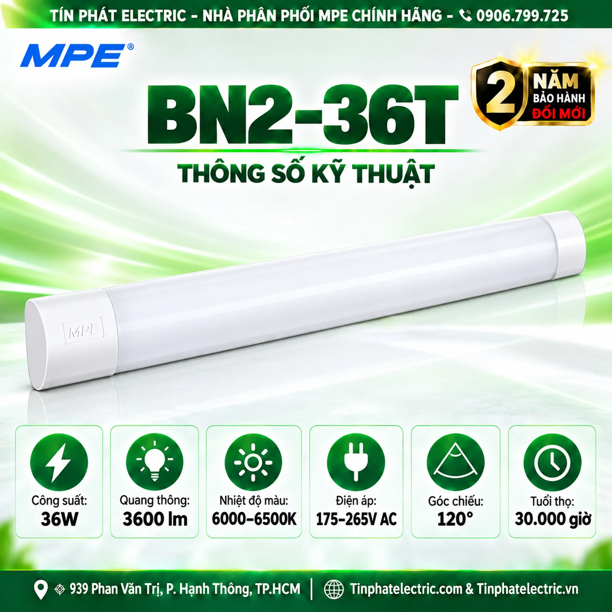 Đèn LED Bán Nguyệt MPE thân đèn nhựa 36W ánh sáng trắng BN2-36T