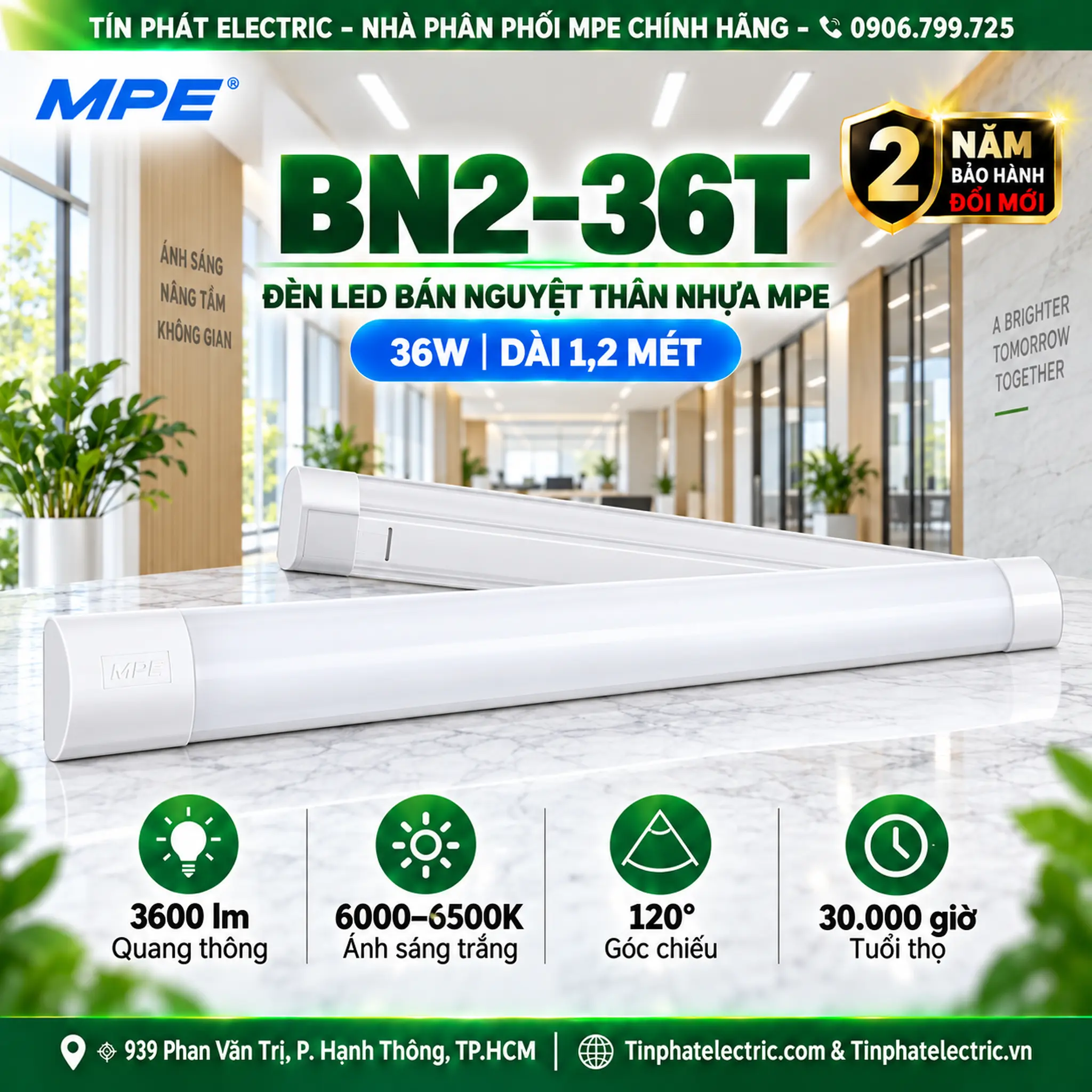 Đèn LED Bán Nguyệt MPE thân đèn nhựa 36W ánh sáng trắng BN2-36T
