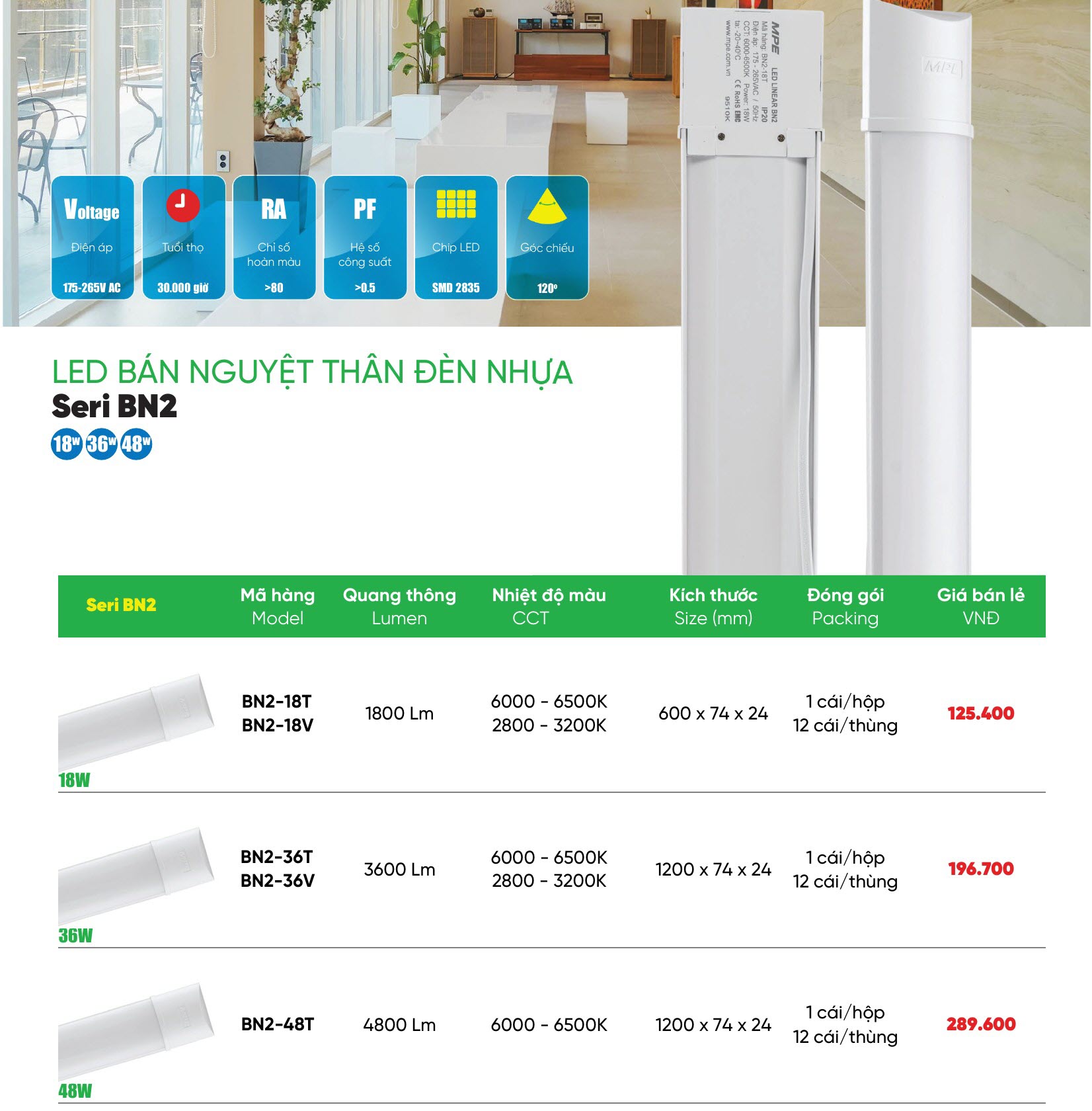 Đèn LED Bán Nguyệt MPE thân đèn nhựa 48W ánh sáng trắng BN2-48T