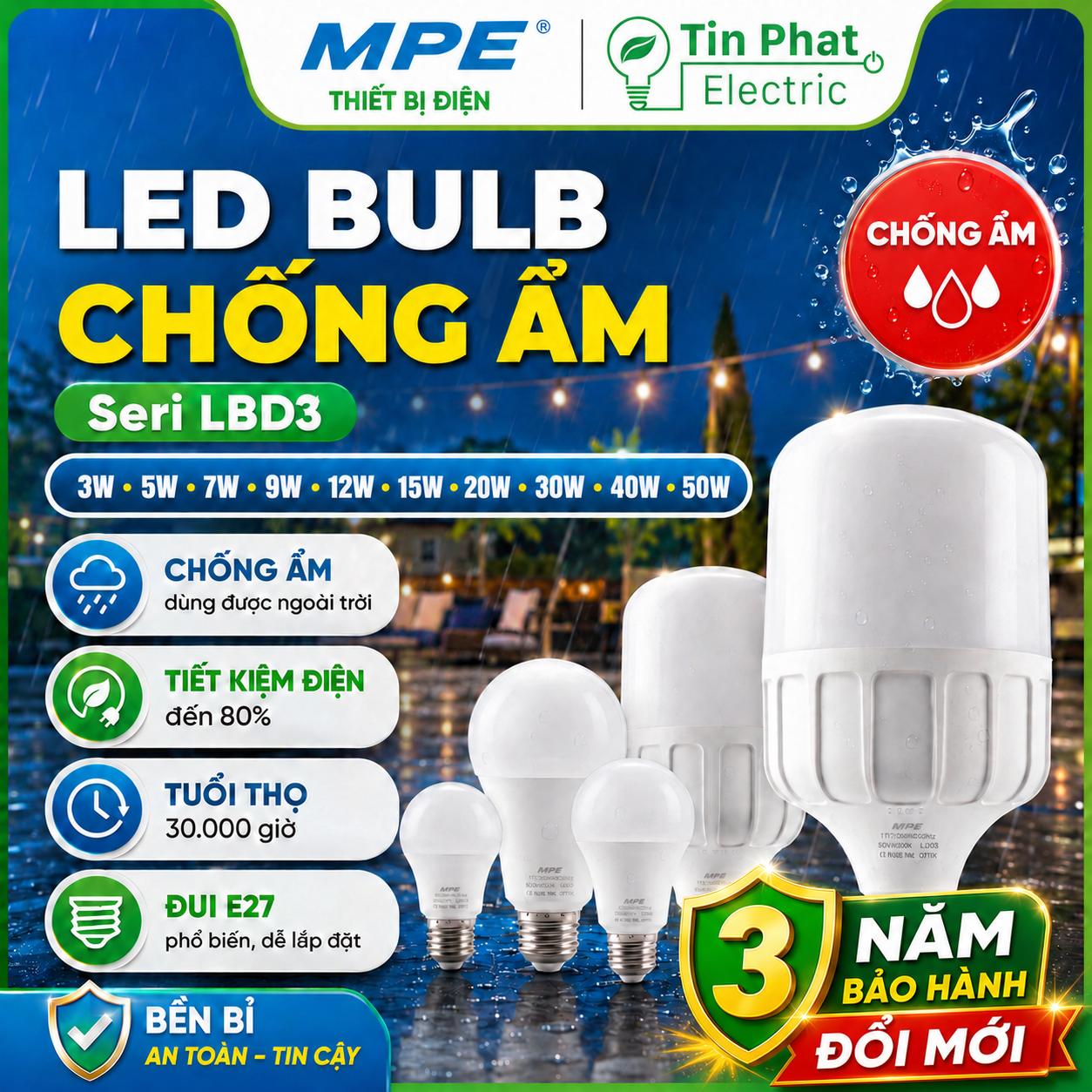 Đèn LED Bulb chống ẩm MPE 12W ánh sáng trắng LBD3-12T