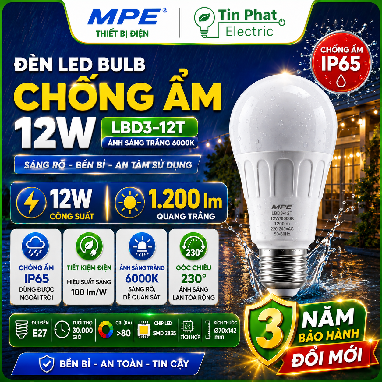 Đèn LED Bulb chống ẩm MPE 12W ánh sáng trắng LBD3-12T
