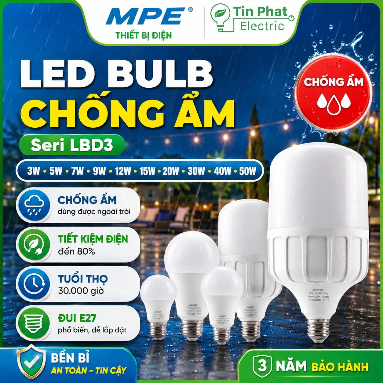Đèn LED Bulb chống ẩm MPE 15W ánh sáng vàng LBD3-15V