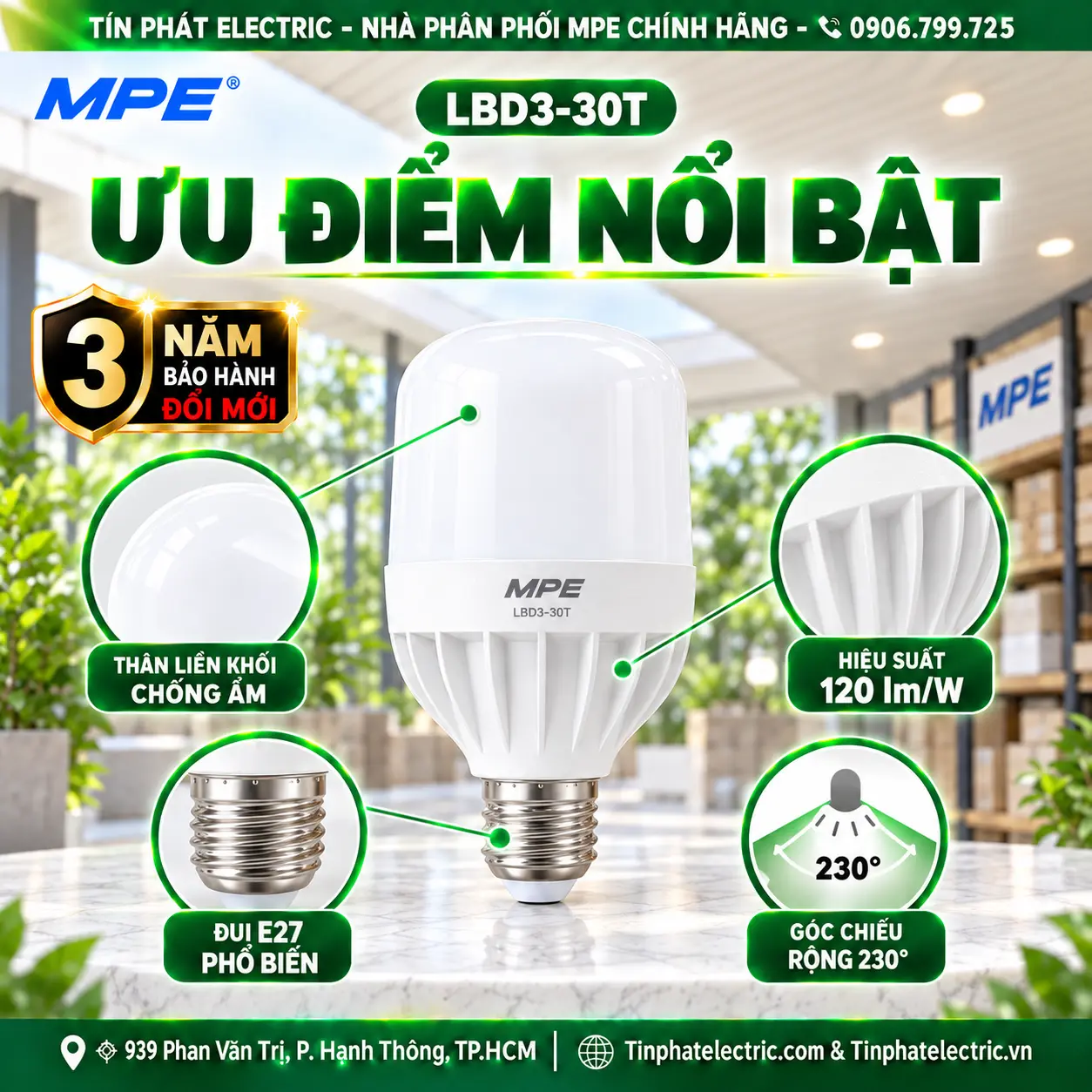 Đèn LED Bulb chống ẩm MPE 30W ánh sáng trắng LBD3-30T
