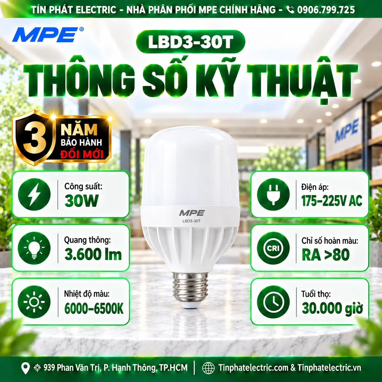 Đèn LED Bulb chống ẩm MPE 30W ánh sáng trắng LBD3-30T