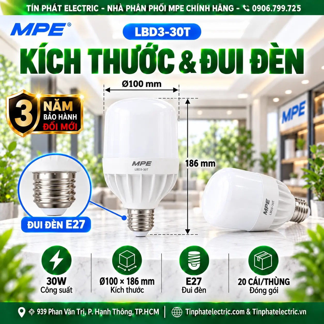 Đèn LED Bulb chống ẩm MPE 30W ánh sáng trắng LBD3-30T