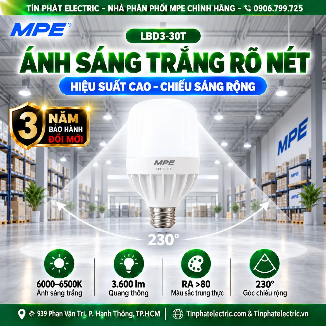Đèn LED Bulb chống ẩm MPE 30W ánh sáng trắng LBD3-30T