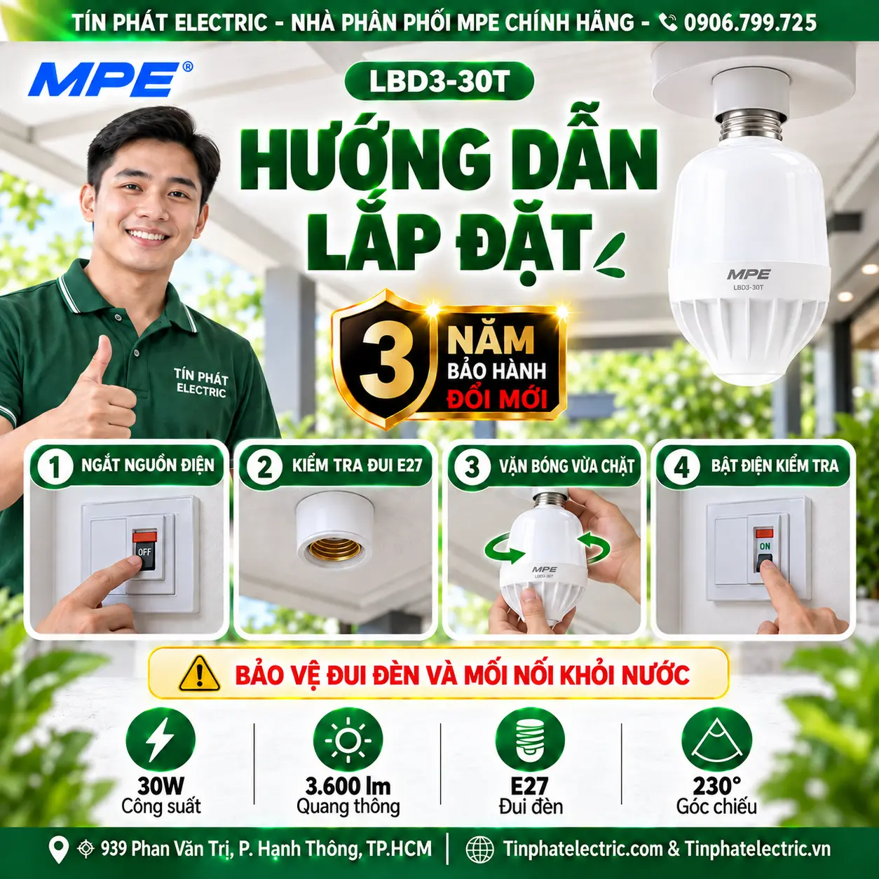 Đèn LED Bulb chống ẩm MPE 30W ánh sáng trắng LBD3-30T