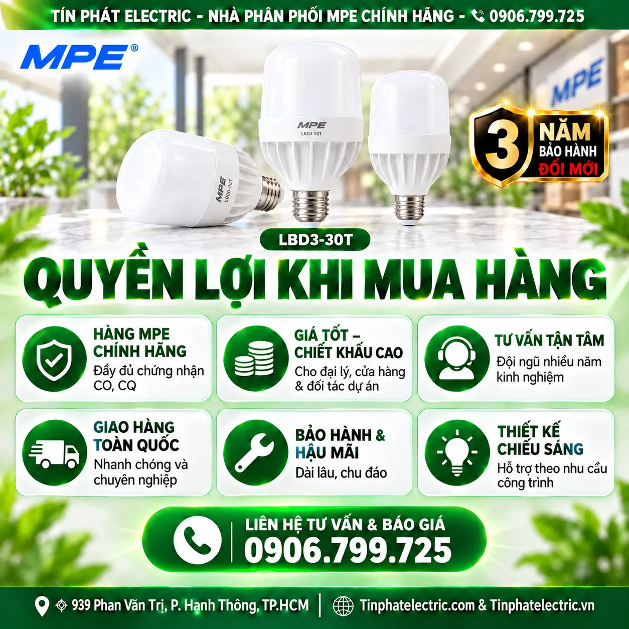 Đèn LED Bulb chống ẩm MPE 30W ánh sáng trắng LBD3-30T