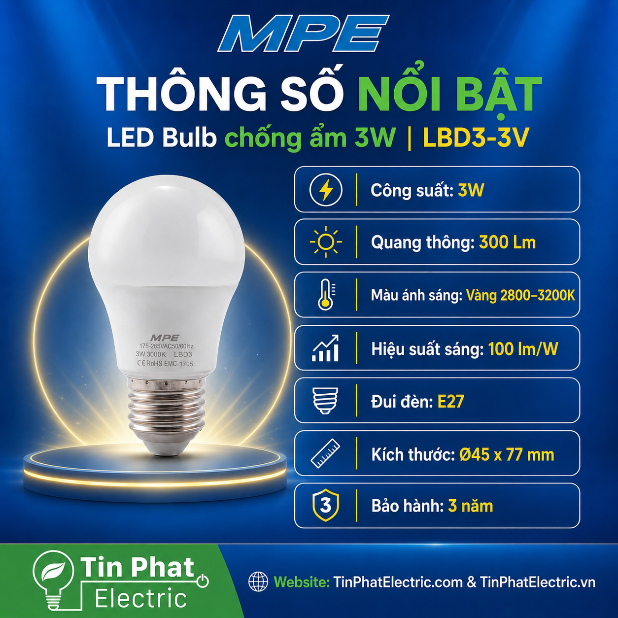 Đèn LED Bulb chống ẩm MPE 3W ánh sáng vàng LBD3-3V