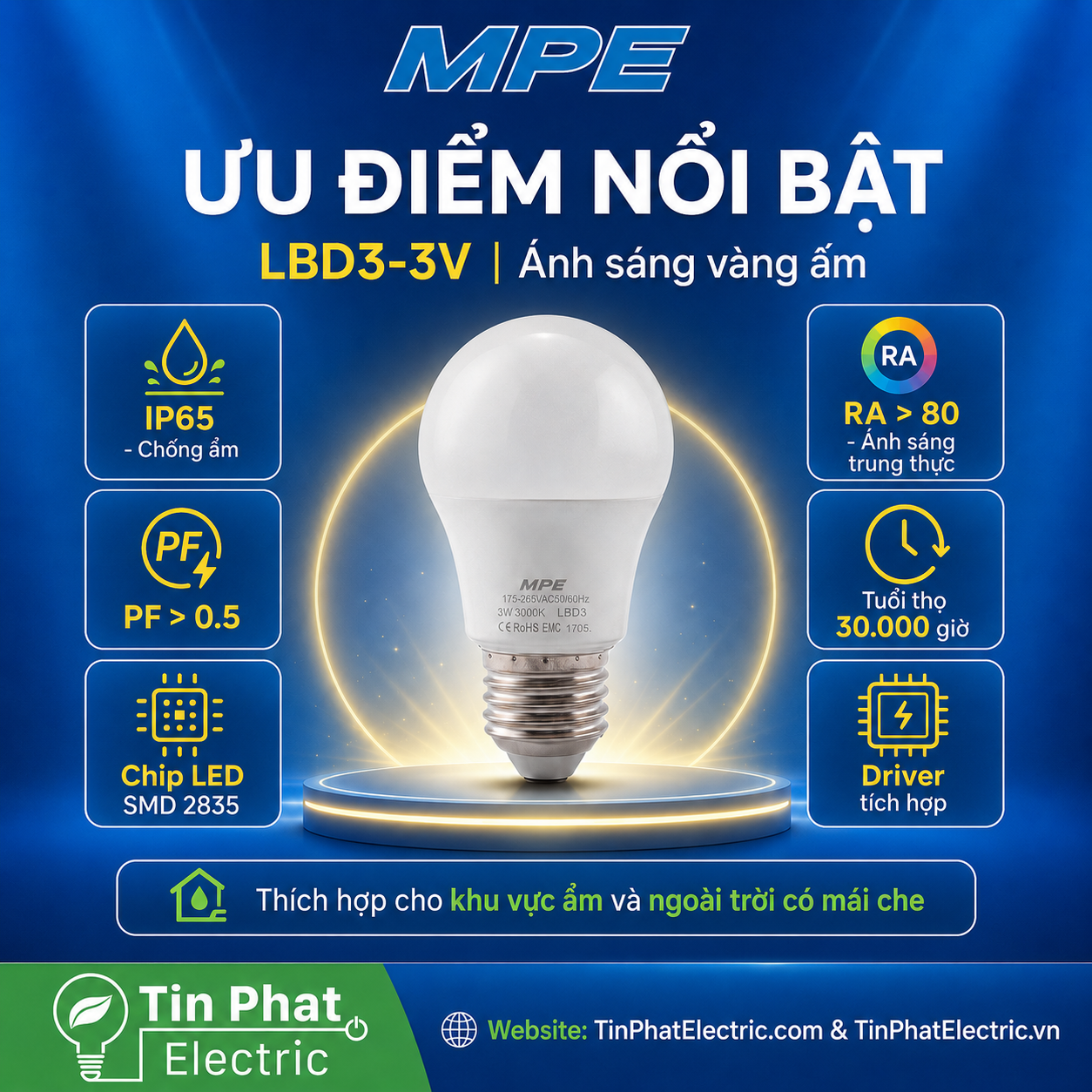 Đèn LED Bulb chống ẩm MPE 3W ánh sáng vàng LBD3-3V