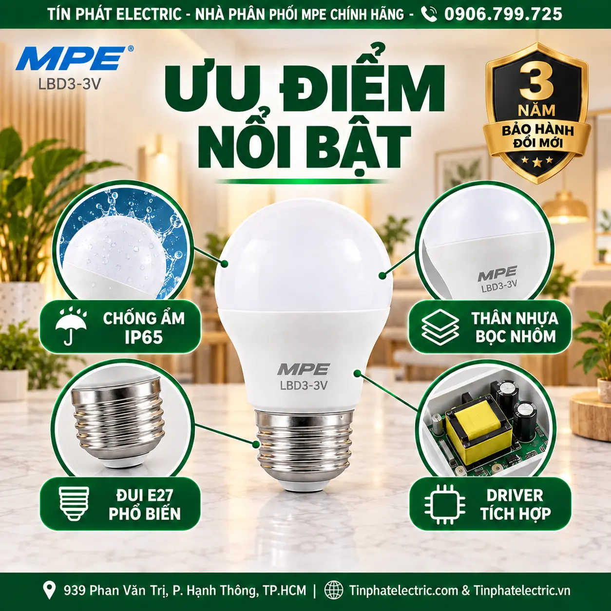 Đèn LED Bulb chống ẩm MPE 3W ánh sáng vàng LBD3-3V