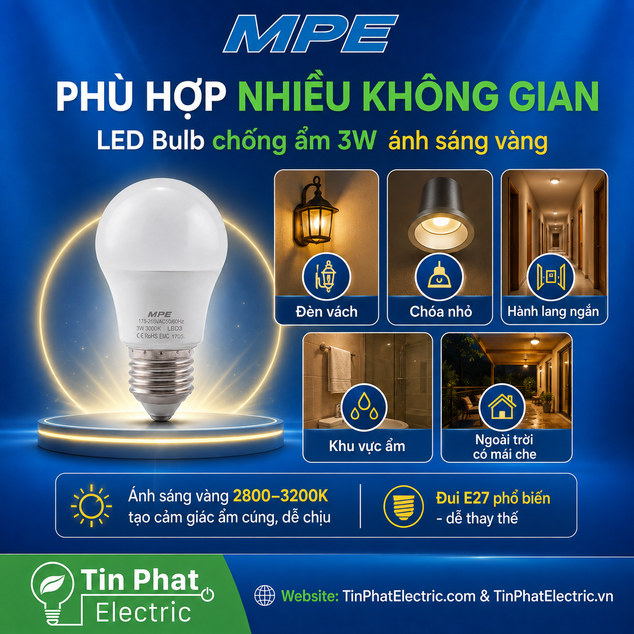 Đèn LED Bulb chống ẩm MPE 3W ánh sáng vàng LBD3-3V