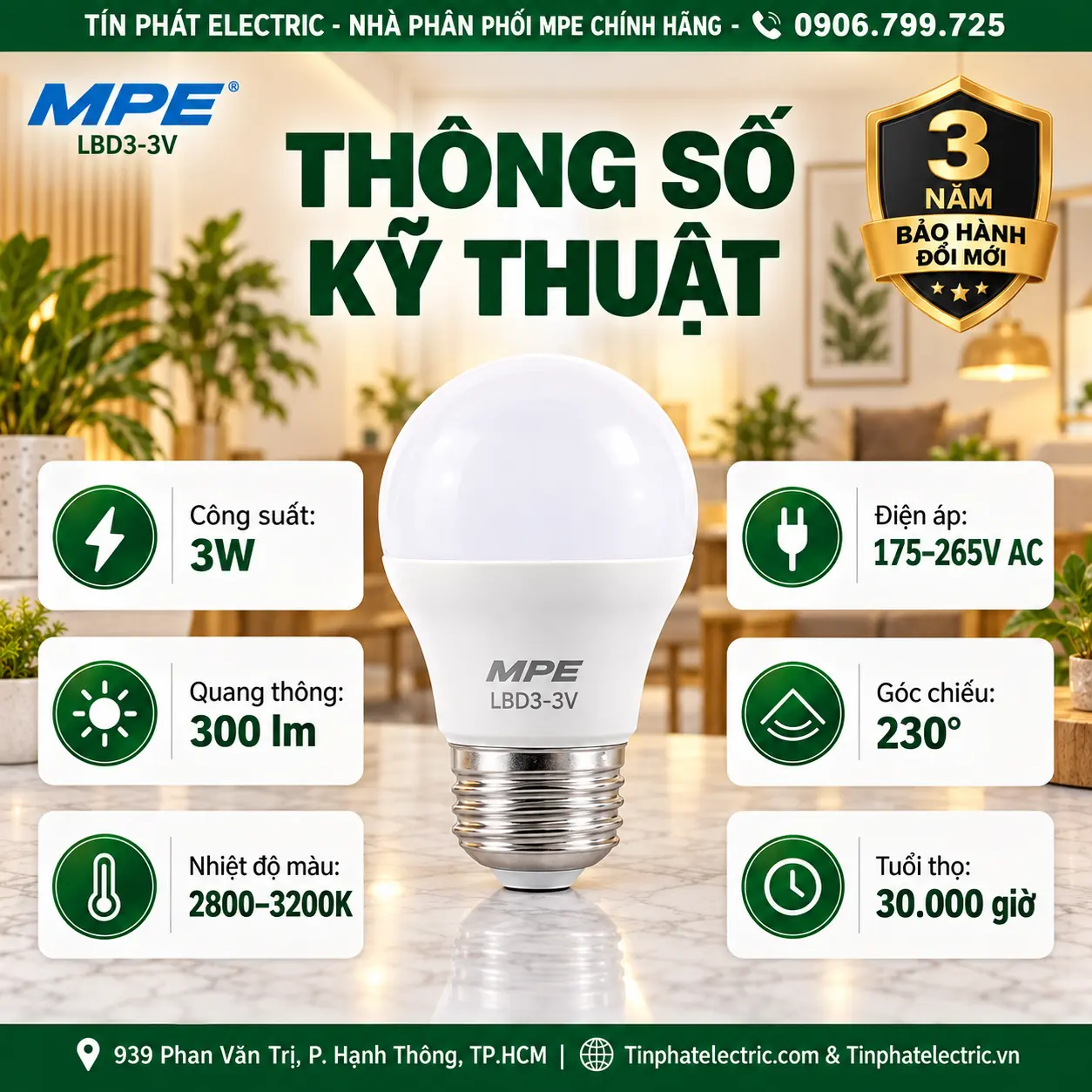 Đèn LED Bulb chống ẩm MPE 3W ánh sáng vàng LBD3-3V