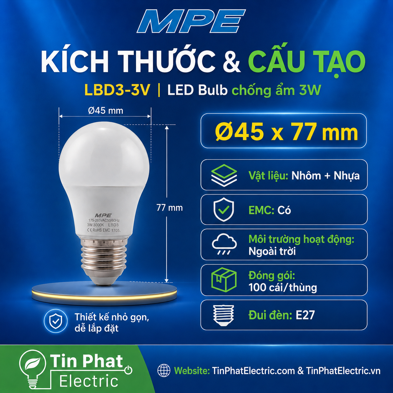 Đèn LED Bulb chống ẩm MPE 3W ánh sáng vàng LBD3-3V