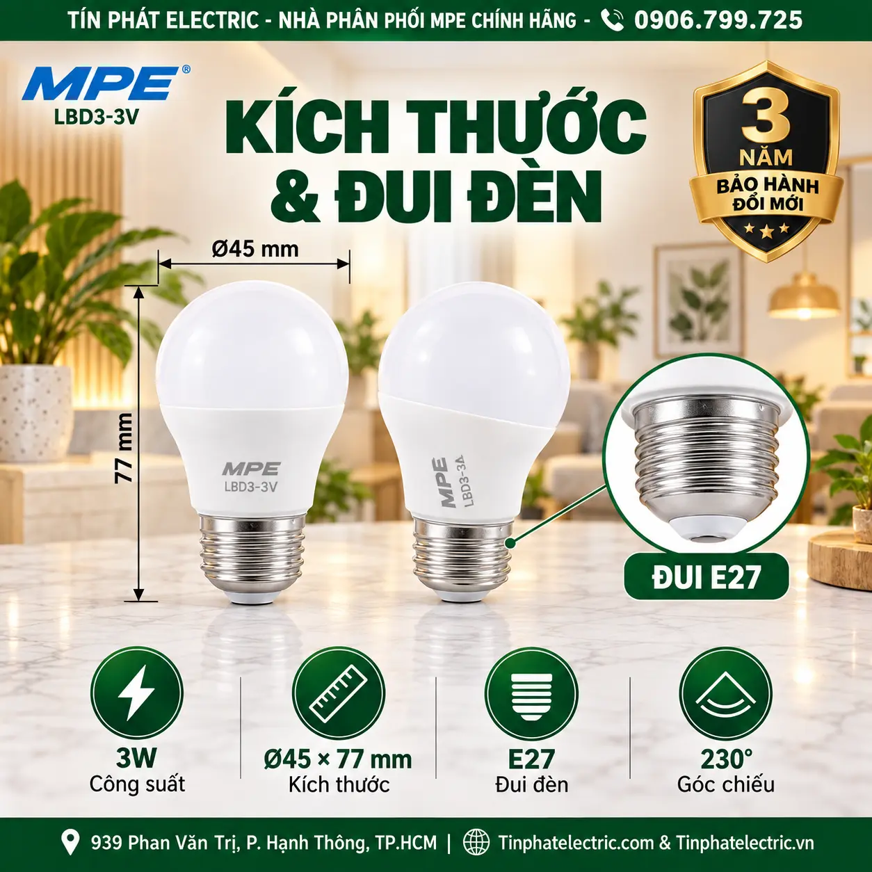 Đèn LED Bulb chống ẩm MPE 3W ánh sáng vàng LBD3-3V