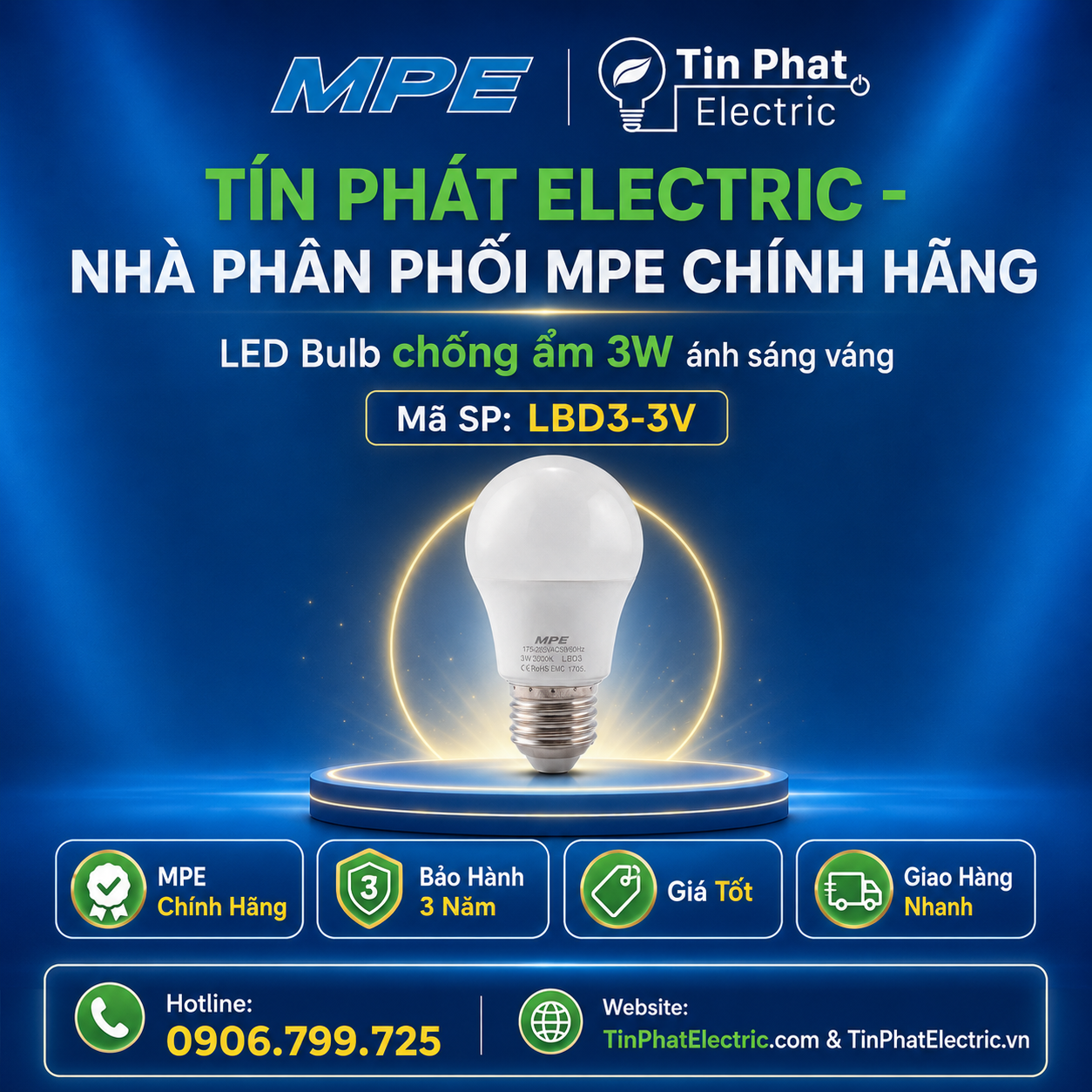 Đèn LED Bulb chống ẩm MPE 3W ánh sáng vàng LBD3-3V