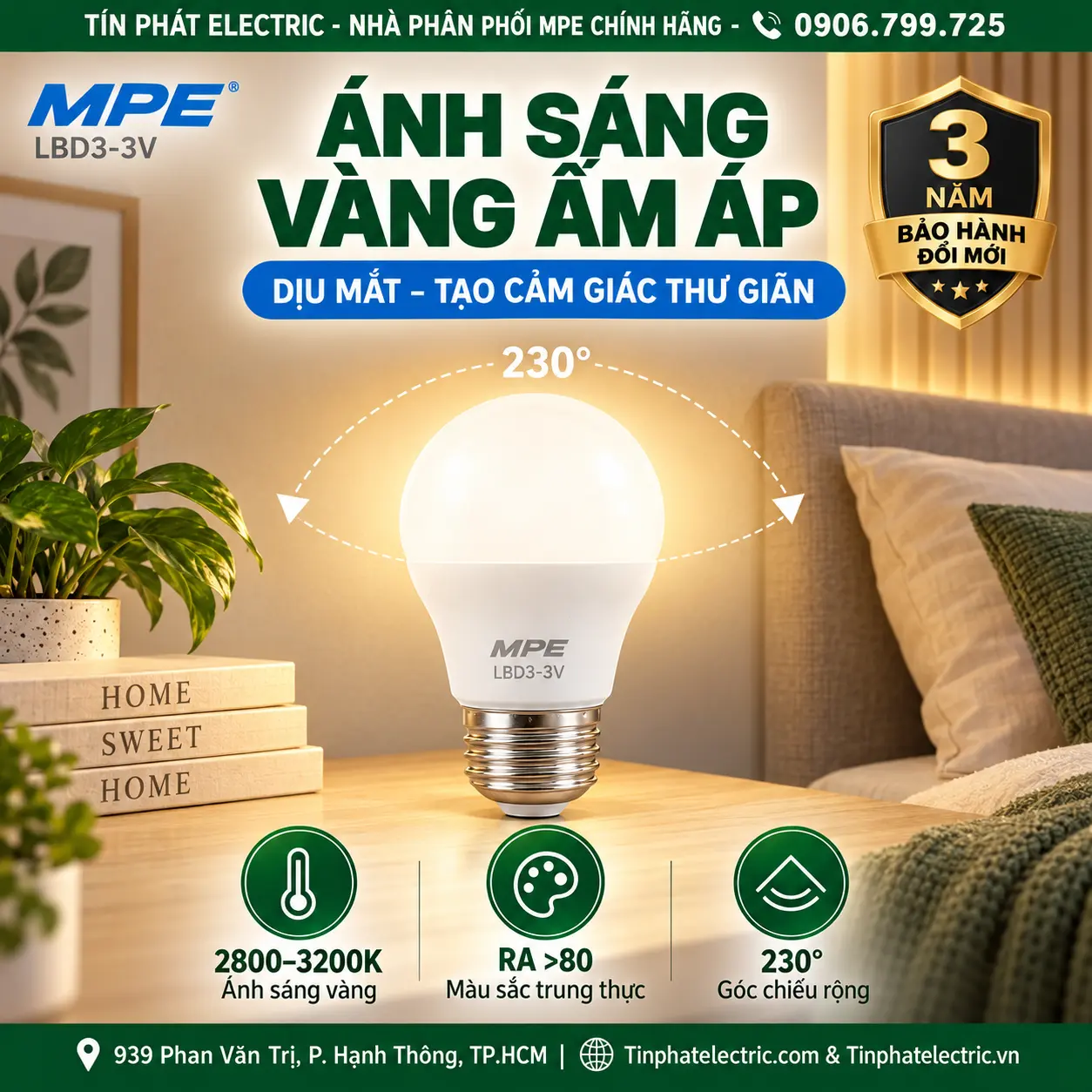 Đèn LED Bulb chống ẩm MPE 3W ánh sáng vàng LBD3-3V