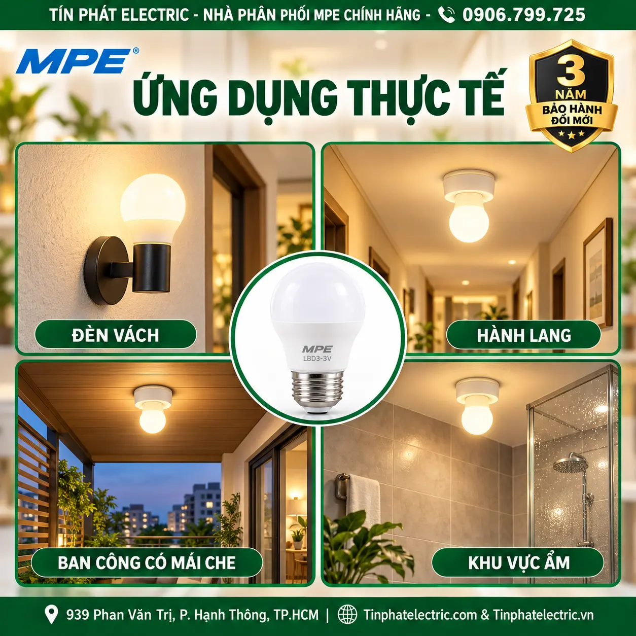 Đèn LED Bulb chống ẩm MPE 3W ánh sáng vàng LBD3-3V