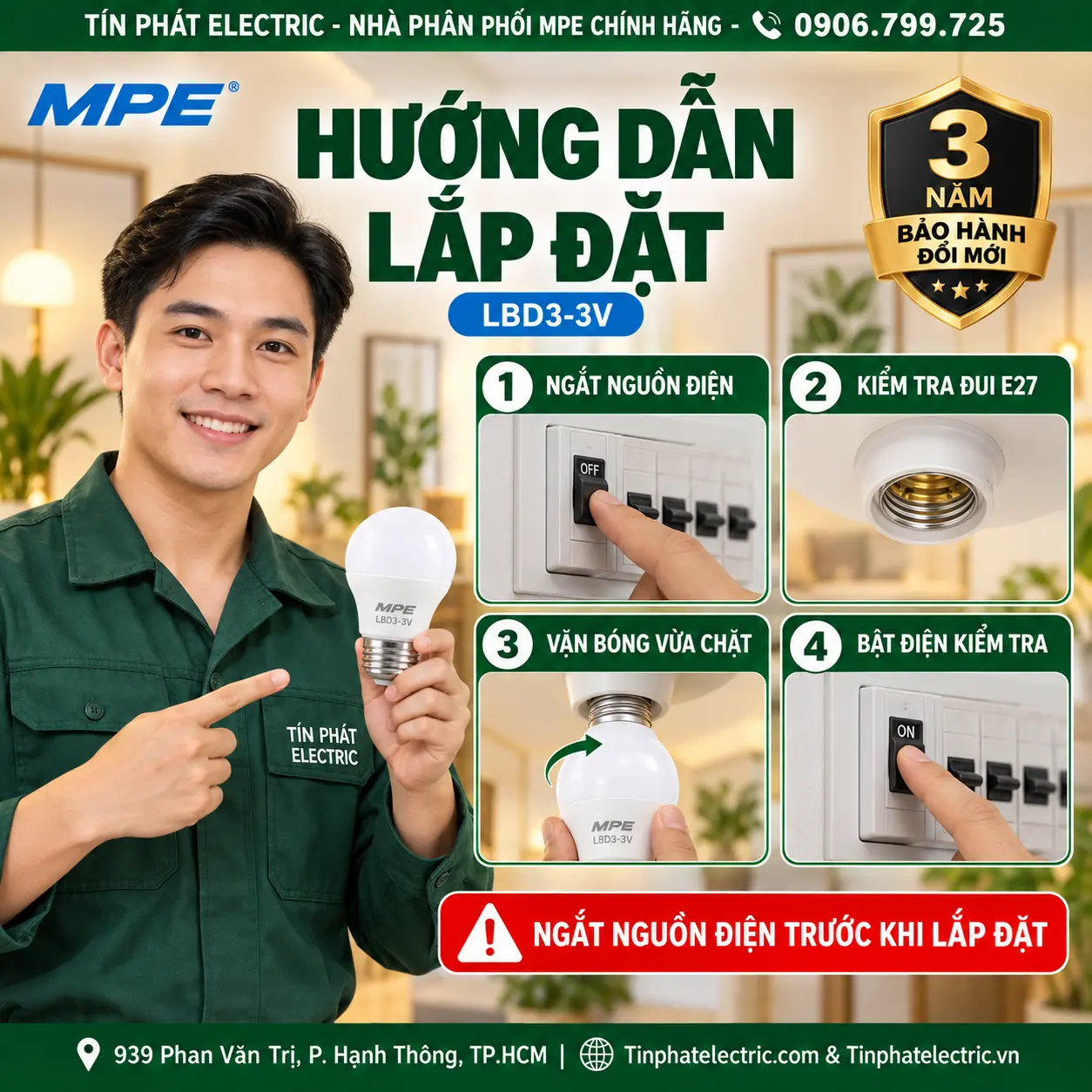 Đèn LED Bulb chống ẩm MPE 3W ánh sáng vàng LBD3-3V