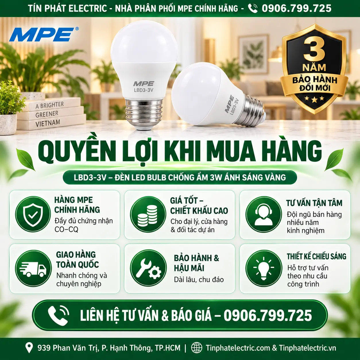 Đèn LED Bulb chống ẩm MPE 3W ánh sáng vàng LBD3-3V