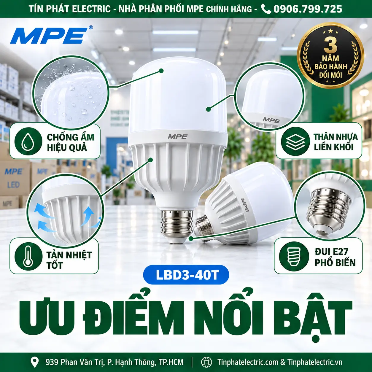 Đèn LED Bulb chống ẩm MPE 40W ánh sáng trắng LBD3-40T
