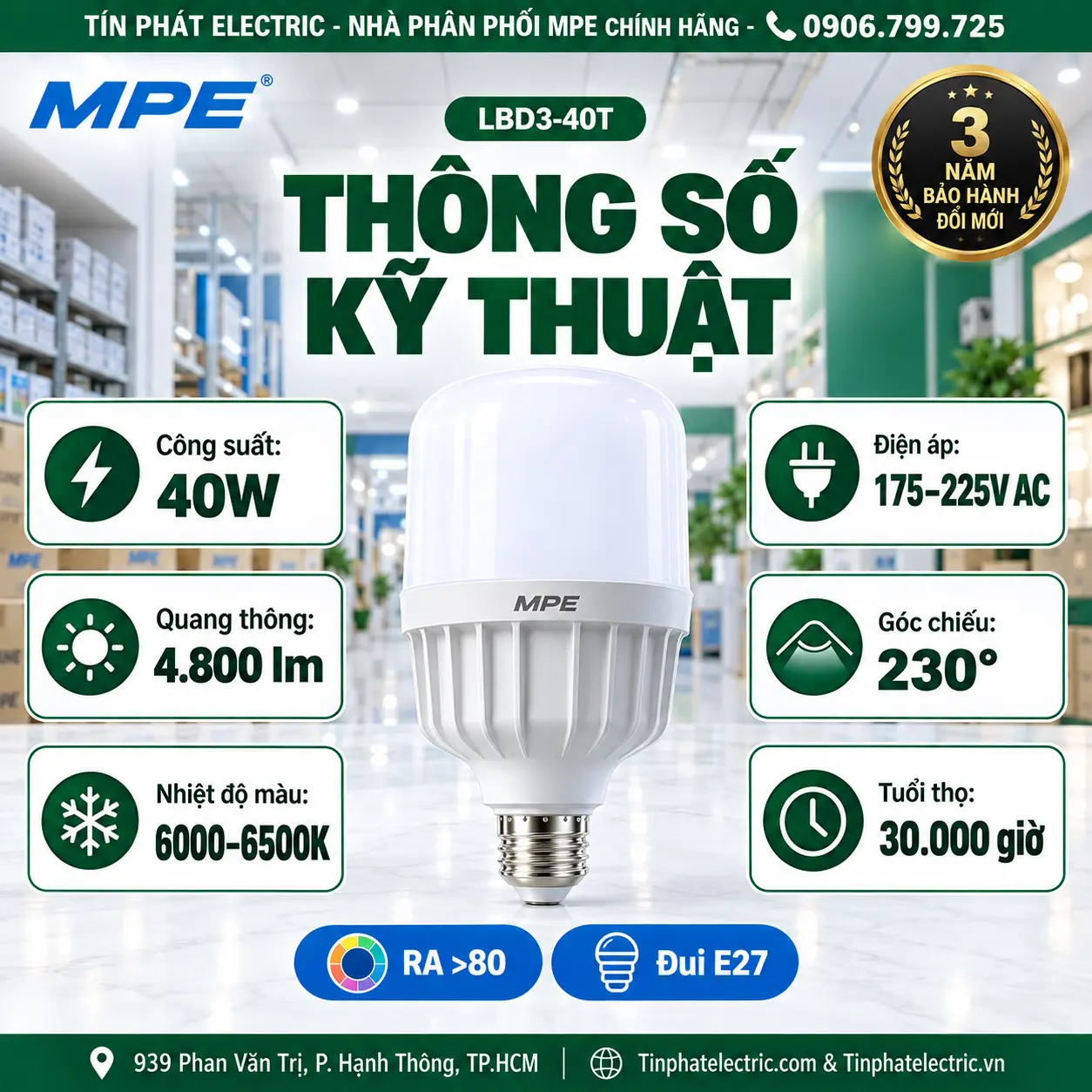 Đèn LED Bulb chống ẩm MPE 40W ánh sáng trắng LBD3-40T