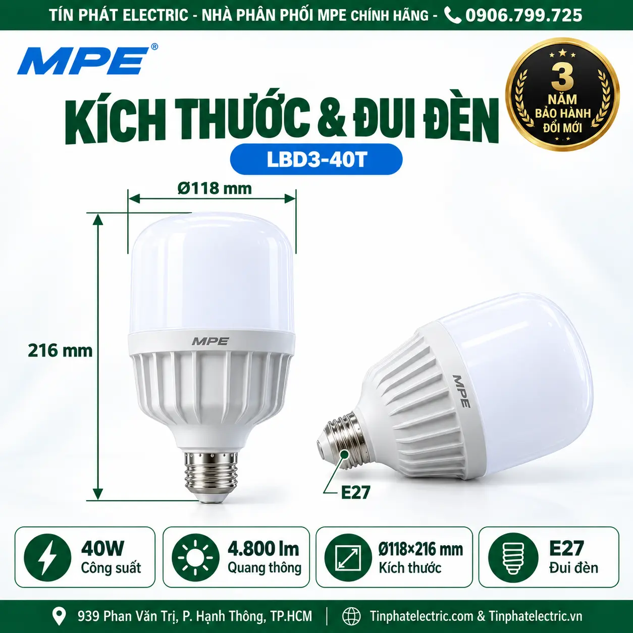 Đèn LED Bulb chống ẩm MPE 40W ánh sáng trắng LBD3-40T