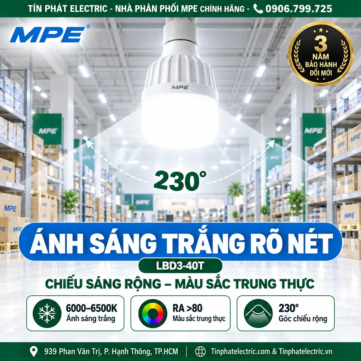 Đèn LED Bulb chống ẩm MPE 40W ánh sáng trắng LBD3-40T