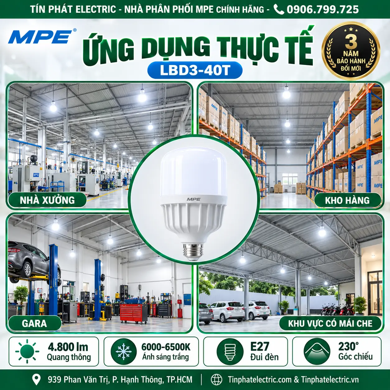 Đèn LED Bulb chống ẩm MPE 40W ánh sáng trắng LBD3-40T