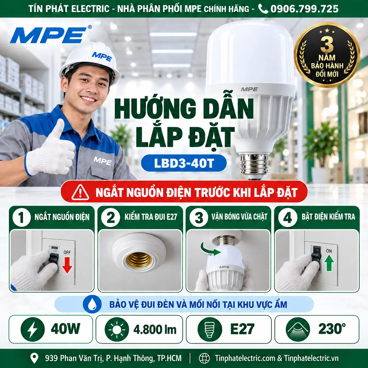 Đèn LED Bulb chống ẩm MPE 40W ánh sáng trắng LBD3-40T